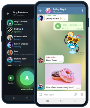 Dos móviles Android con la aplicación Telegram abierta mostrando chats y stickers