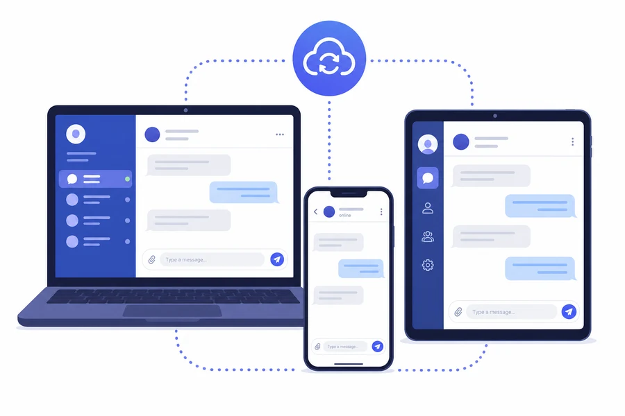 Portátil, tableta y móvil mostrando la interfaz de Telegram Web sincronizada