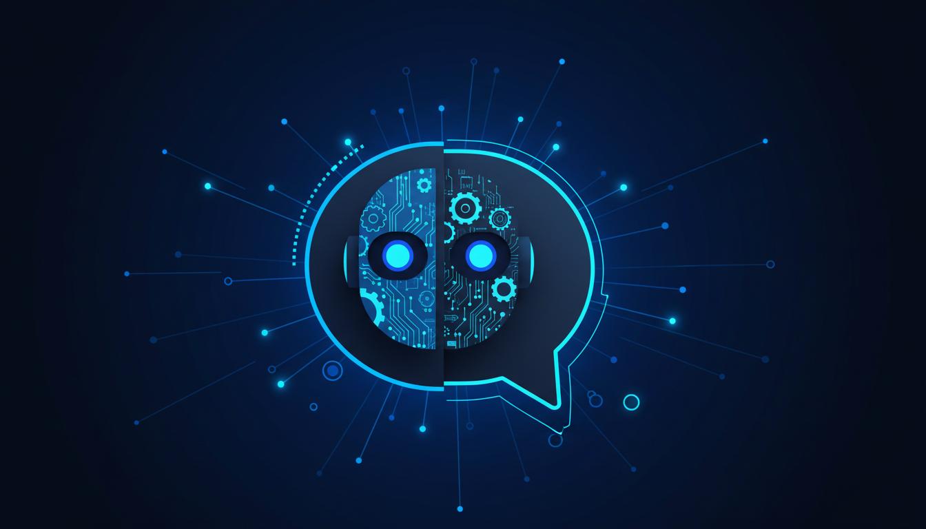 Bot con circuitos integrados en una burbuja de chat, ilustración de bots y automatización en Telegram