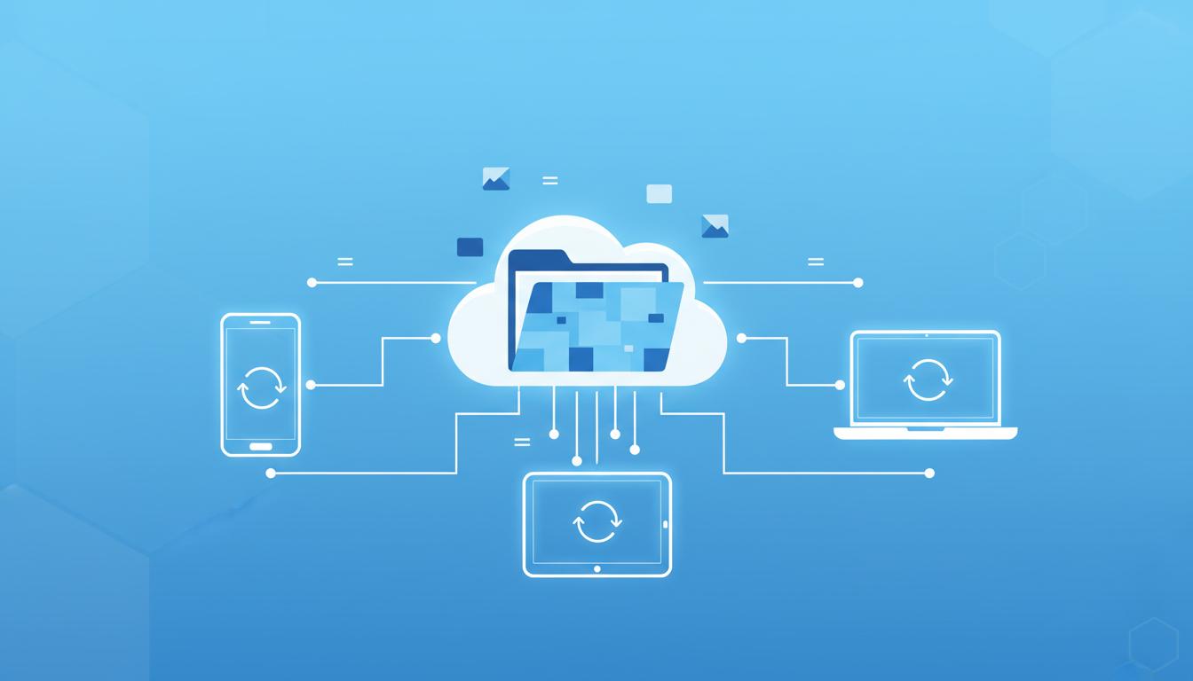 Ilustración de nube de Telegram enviando archivos a móvil, portátil y tableta
