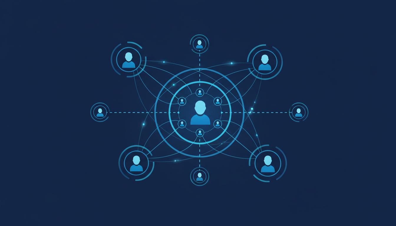 Red de personas conectadas alrededor de un usuario central, ilustración de grupos de Telegram