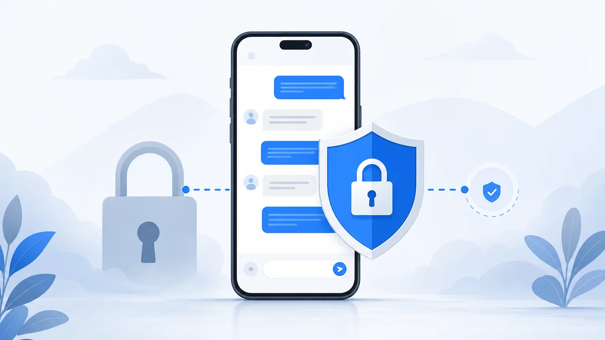 Teléfono con burbujas de chat, candado y escudo azul, ilustración de privacidad en Telegram