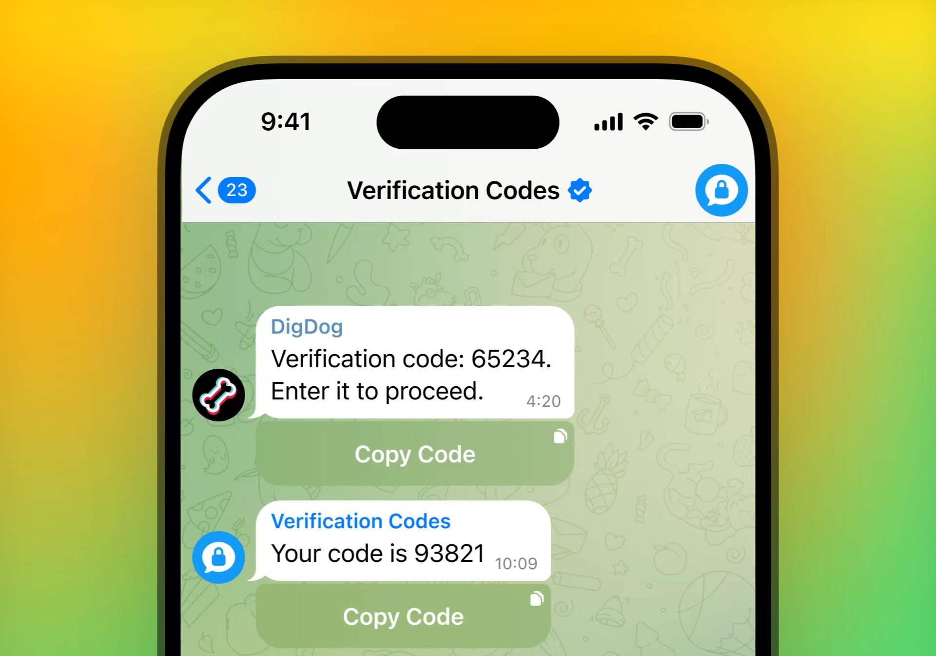 Móvil mostrando la pantalla de códigos de verificación en el chat oficial de Telegram