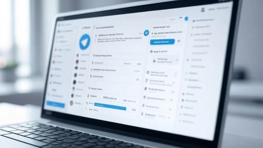 Portátil sobre escritorio moderno con Telegram Desktop abierto y listado de chats